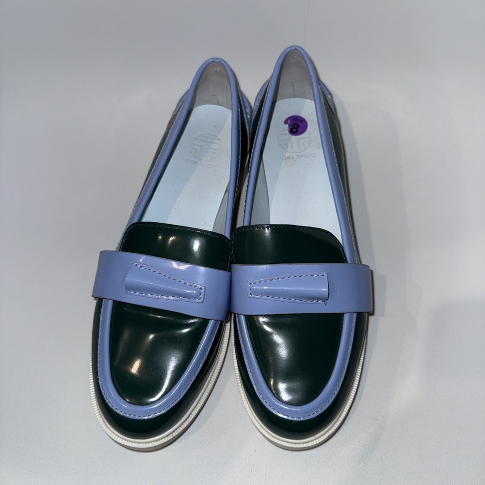 Tory Burch Sport Patent Leather Pocket Tee Golf Loafers 8 Color Block Green Blue